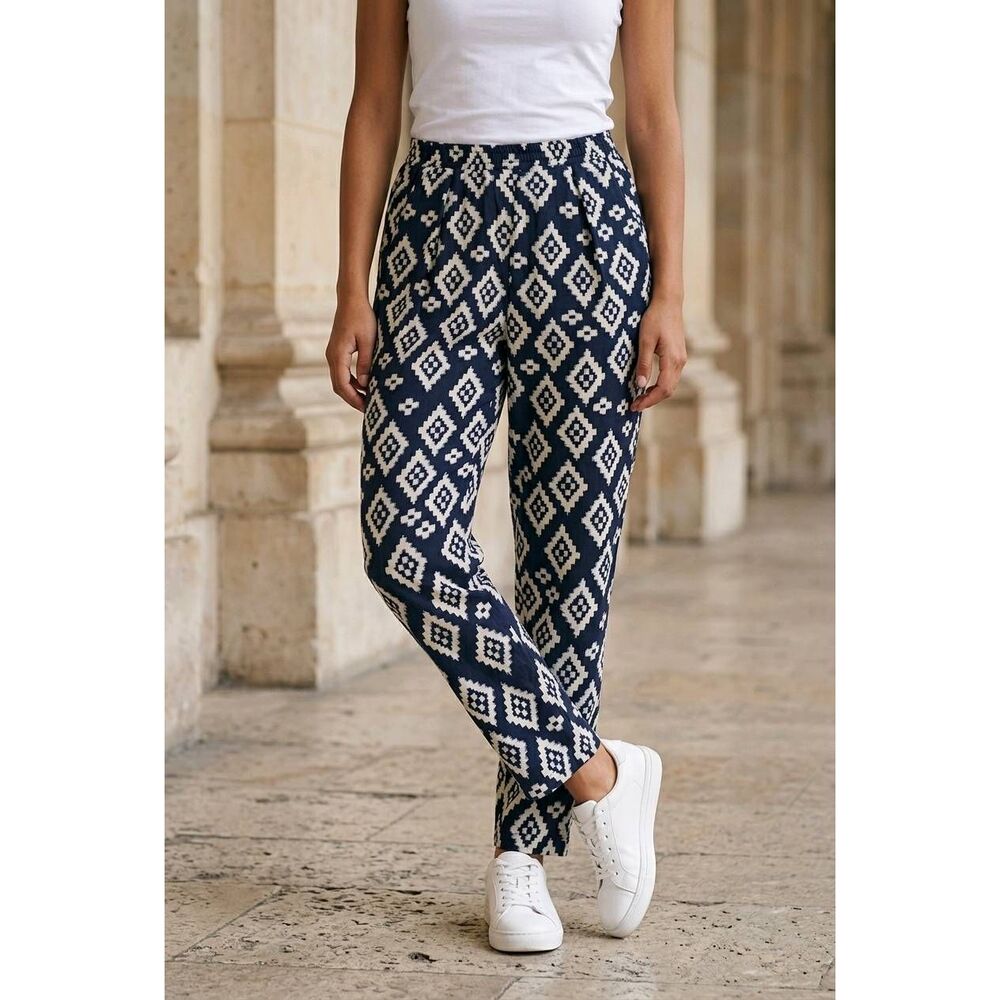 🔹️Forever 21 Blue & Tan Digital Diamond Aztec Print Satiny Pants Small